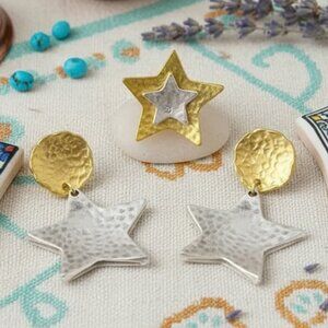 Celestial Boho Mixed Metal Star Set | Hammered Gold & Silver Statement Earrings